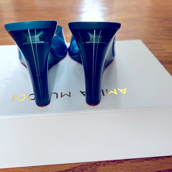 😊SOLD😊Amina Muaddi Blue Lupita Glass Wedge Heeled Sandals in 39 - Picture 10 of 15